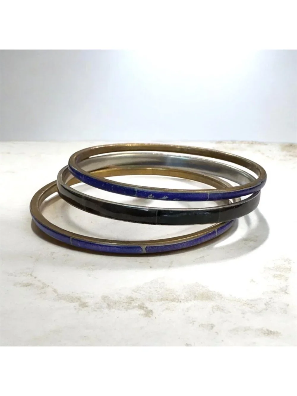 Vintage Lot Of 3 Enamel Stacking Layering Bangles Blue & Black 2.5-Inch Diameter